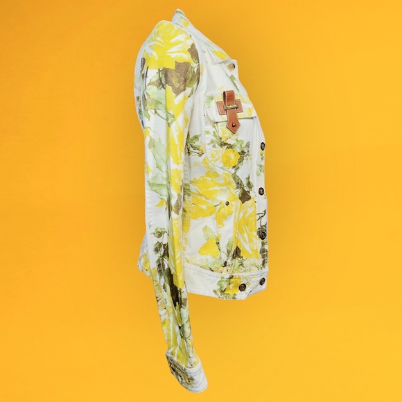 Rare Roberto Cavalli Y2K White Denim Jacket Yellow & Gold Floral Print - Size 40 - Picture 6 of 11